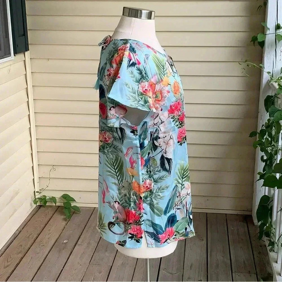 RSVP by Talbots Blouse Aqua Tropical Jungle Print L Flutter Sleeve Floral Monkey - Picture 4 of 9